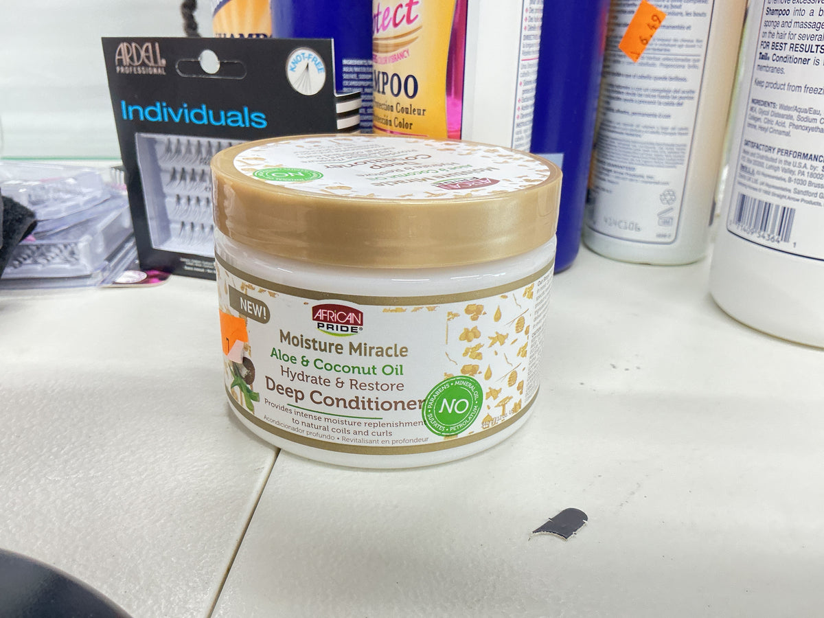 African Pride, Deep Conditioner Moisture Miracle, Aloe and Coconut Oil Hydrate and Restore