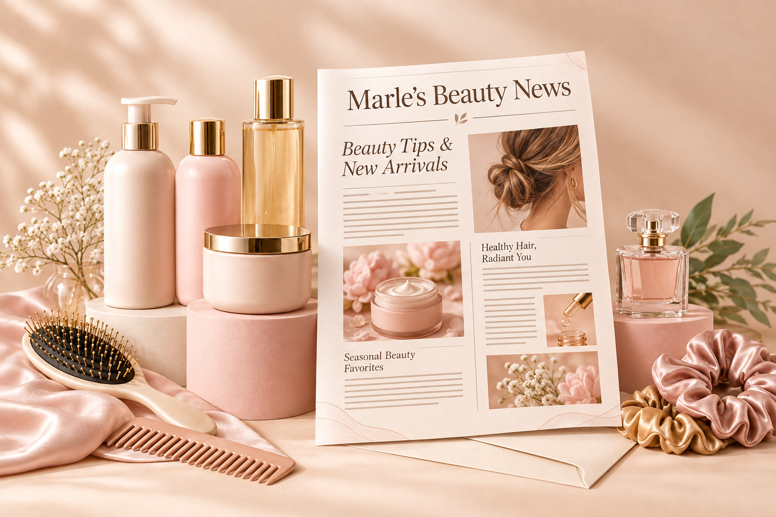 Beauty products with a clearly displayed printed newsletter